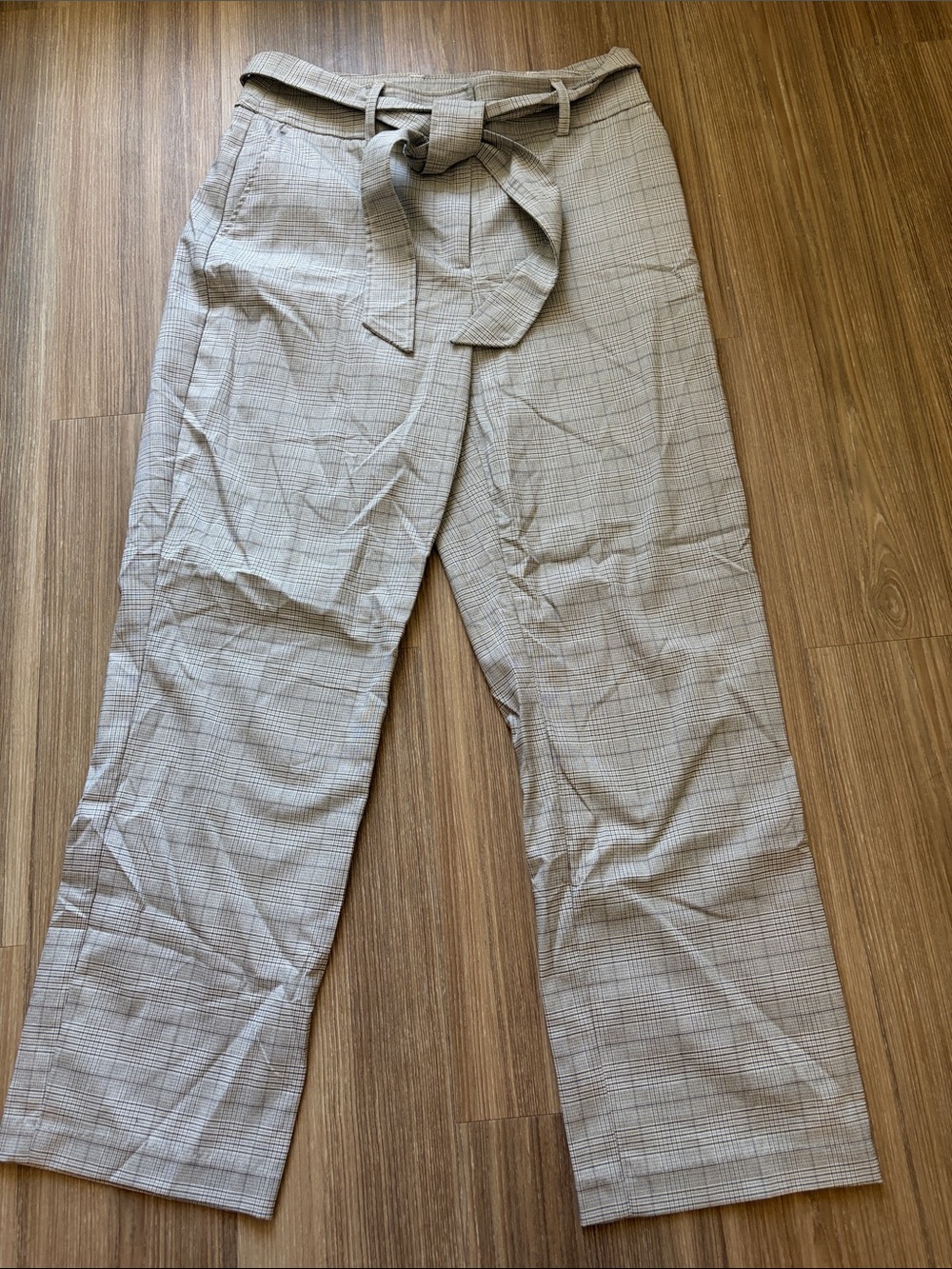 Joie Plaid Straight-Leg Tie-Waist Pants in Tan